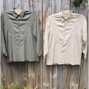 3XB Shirt *2 Linen Guayabera TAN OLIVE GREEN Embroider Untuck L/S Button ITALIAN